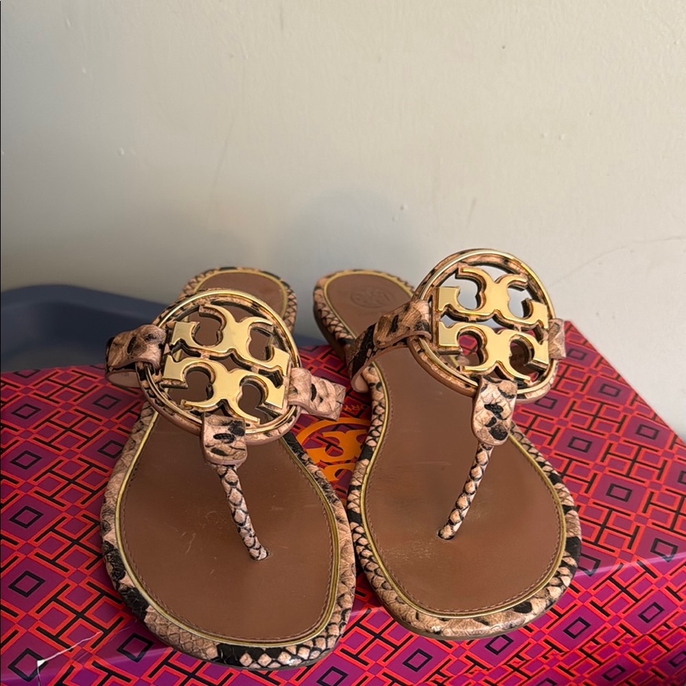 Tory Burch Tan Gold Sandals with Iconic Medallion Design